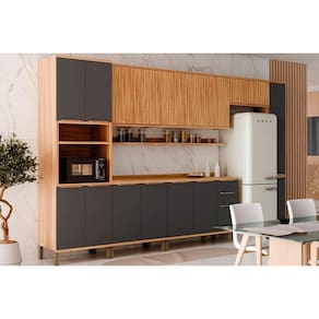Kit Cozinha Modulada 9 Peças Sauvignon (Aéreos+2Balcões+1Paneleiro+1TorreQuente+2Complementos) C9P94 Amendoa/Grafite-Ronipa