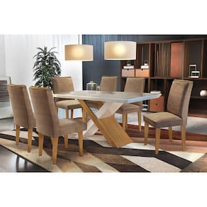 Conjunto: Mesa de Cozinha Imperatriz Tampo Madeirado c/ Vidro Canto Reto 180x90cm e 6 Cadeiras Lunara Imbuia/Suede Capuccino - Rufato