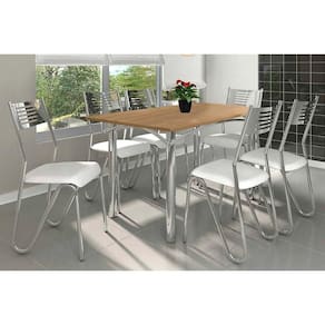 Conjunto: Mesa de Cozinha Elba c/ Tampo de Madeira 160cm e 6 Cadeiras Nápoles Cromada/Nogueira - Courano Branco - Kappesberg
