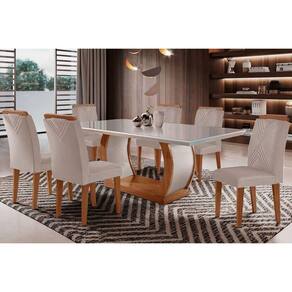 Conjunto: Mesa de Cozinha Jade Tampo Madeirado c/ Vidro Curvo 180x90 e 6 Cadeiras Amsterdã Imbuia/Suede Creme - Rufato