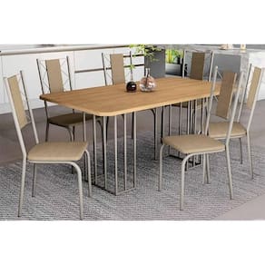 Conjunto: Mesa de Cozinha Duina c/ Tampo de Madeira 160cm e 6 Cadeiras Lisboa Niquel/Freijo - Courano Cappuccino - Kappesberg