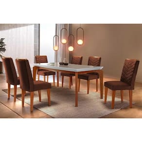 Conjunto: Mesa de Cozinha Londrina Tampo Madeirado c/ Vidro Reto 180x90 e 6 Cadeiras Londrina Imbuia-Capuccino/Suede Marrom - Rufato