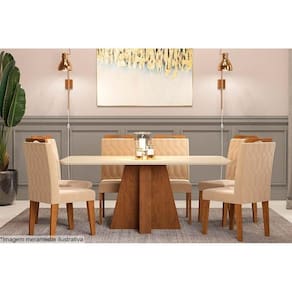 Conjunto: Mesa de Cozinha Maitê Tampo Madeirado c/ Vidro Canto Curvo 160x80cm e 6 Cadeiras Paola Savana-Nature/Off White-Suede Nude Bege - Cimol