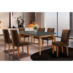 Conjunto: Mesa de Cozinha Londrina Tampo Madeirado c/ Vidro Curvo 180x90 e 6 Cadeiras Londrina Imbuia/Grafite - Suede Marrom - Rufato