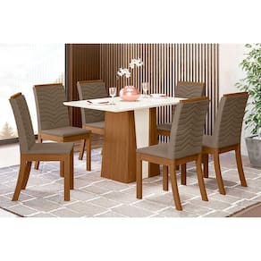 Conjunto: Mesa de Cozinha Orus Tampo Madeirado c/ Vidro 120x80cm e 6 Cadeiras Isa Nature/Suede Light Bege - Henn
