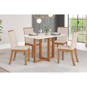 Conjunto: Mesa de Cozinha Natalí c/ Tampo Madeirado c/ Vidro Reto 120x80cm e 4 Cadeiras Isa Nature/Linho - Henn