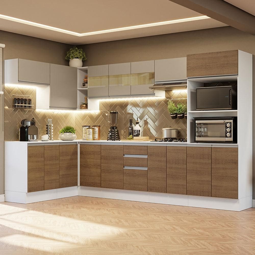 Armário de Cozinha Completa de Canto 100% MDF 447cm Branco/Rustic/Crema Smart Madesa 02 XV