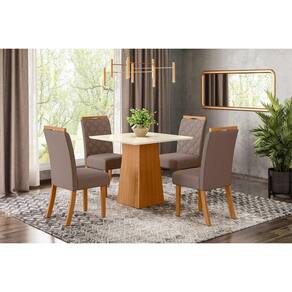 Conjunto: Mesa de Cozinha Dora Tampo Madeirado 90cm e 4 Cadeiras Bella Nature/Suede Light Marrom Amendoa - Henn