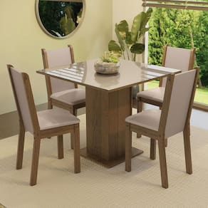 Conjunto Sala de Jantar Mesa Tampo de Vidro 4 Cadeiras Rustic/Crema/Bege Tifani Madesa XV