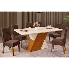 Conjunto: Mesa de Cozinha Rubi c/ Tampo Madeirado c/ Vidro 170x90cm e 6 Cadeiras Jade Freijo/Off White/Off White - Suede Moca - DJ Móveis