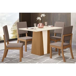 Conjunto: Mesa de Cozinha Orus c/ Tampo Madeirado 120x80cm e 4 Cadeiras Milla Nature/Off White - Suede Marrom - Henn