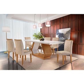 Conjunto: Mesa de Cozinha Alvorada Tampo Madeirado c/ Vidro Canto Reto 180x90cm e 6 Cadeiras Jade Imbuia/Off White - Linho Turim - Rufato