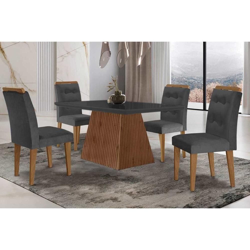 Conjunto: Mesa de Cozinha Luna c/ Tampo Madeirado c/ Vidro Canto Curvo 120x80cm e 4 cadeiras Imperatriz Imbuia/Grafite - Suede Grafite - Rufato