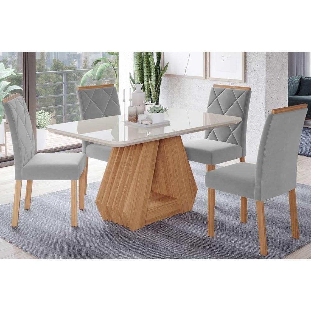 Conjunto: Mesa de Cozinha Ágata Tampo Madeirado c/ Vidro 130x80cm e 4 Cadeiras Fernanda Madeirado/Linho Grafite - Cimol
