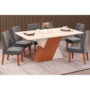 Conjunto: Mesa Sala Jantar Rubi Tampo Madeirado c/ Vidro Canto Reto 170x90cm e 6 Cadeiras Ondina Freijo/Off White/Off White - Suede Lunar - DJ Móveis
