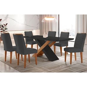 Conjunto: Mesa de Cozinha Imperatriz Tampo Madeirado c/ Vidro Canto Curvo 180x90 e 6 Cadeiras Londrina Imbuia/Grafite - Linho Grafite - Rufato