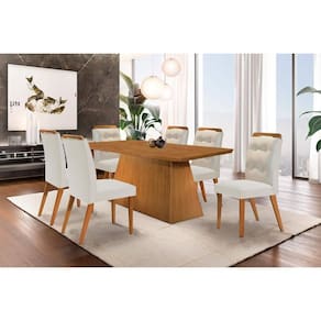 Conjunto: Mesa de Cozinha Luna c/ Tampo Madeirado Canto Curvo 180x90cm e 6 cadeiras Imperatriz Imbuia-Capuccino/Suede Creme - Rufato