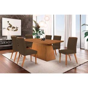 Conjunto: Mesa de Cozinha Luna c/ Tampo Madeirado Canto Curvo 180x90cm e 6 cadeiras Londrina Imbuia-Capuccino/Suede Marrom - Rufato
