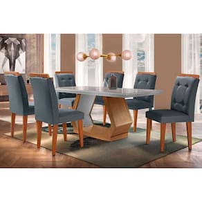 Conjunto: Mesa de Cozinha Alvorada Tampo Madeirado c/ Vidro Canto Reto 180x90cm e 6 Cadeiras Imperatriz Imbuia/Off White - Suede Grafite - Rufato