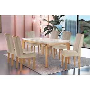 Conjunto: Mesa de Cozinha Londrina c/ Tampo Madeirado c/ Vidro Canto Reto 180x90cm e 6 cadeiras Amsterdã Imbuia-Capuccino/Suede Creme - Rufato