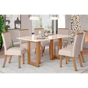 Conjunto: Mesa de Cozinha Yara c/ Tampo Madeirado c/ Vidro Reto 160x90cm e 6 Cadeiras Malu Nature/Linho - Henn
