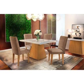 Conjunto: Mesa de Cozinha Luna Tampo Madeirado c/ Vidro Canto Reto 120x80cm e 4 Cadeiras Lunara Imbuia/Suede Capuccino - Rufato