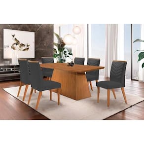Conjunto: Mesa de Cozinha Luna c/ Tampo Madeirado Canto Curvo 180x90cm e 6 cadeiras Londrina Capuccino/Suede Grafite - Rufato