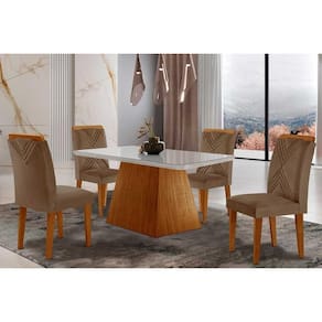 Conjunto: Mesa de Cozinha Luna Tampo Madeirado c/ Vidro Canto Curvo 120x80 e 4 Cadeiras Amsterdã Imbuia/Suede Capuccino - Rufato