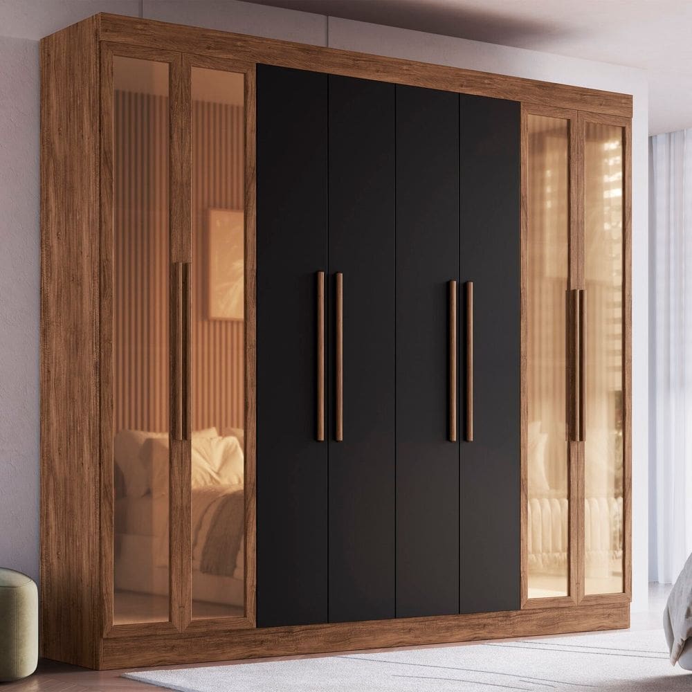 Guarda Roupa Casal 100% Mdf Chicago 68500 8 Portas 4 Gavetas Castanho/Preto