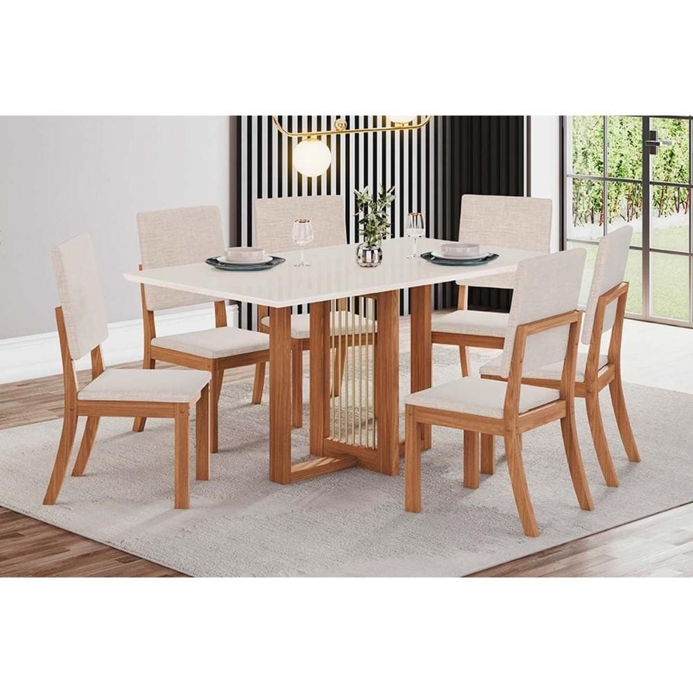 Conjunto: Mesa de Cozinha Natalí c/ Tampo Madeirado Reto s/ Vidro 160x90cm e 6 Cadeiras Milla Nature/Suede Light Linho - Henn