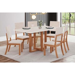 Conjunto: Mesa de Cozinha Natalí c/ Tampo Madeirado Reto s/ Vidro 160x90cm e 6 Cadeiras Milla Nature/Suede Light Linho - Henn