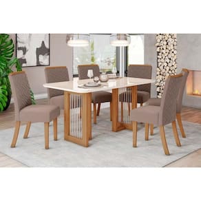 Conjunto: Mesa de Cozinha Yara c/ Tampo Madeirado c/ Vidro Curvo 160x90cm e 6 Cadeiras Malu Nature/Suede Light Marrom Amendoa - Henn