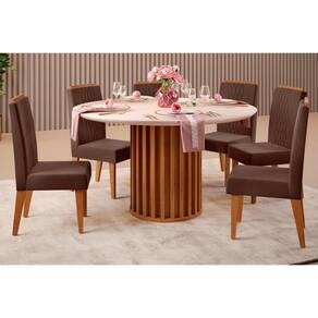 Conjunto: Mesa de Cozinha Viena Tampo Madeirado c/ Vidro 136cm e 6 Cadeiras Lia Freijo/Off White - Suede Moca - DJ Móveis