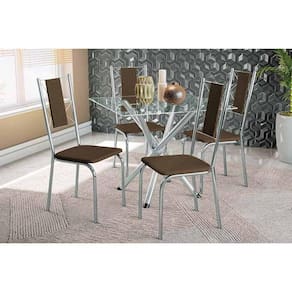 Conjunto: Mesa de Cozinha Volga c/ Tampo de Vidro 90cm e 4 Cadeiras Lisboa Cromada - Courano Marrom - Kappesberg