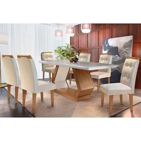 Conjunto: Mesa de Cozinha Alvorada Tampo Madeirado c/ Vidro Canto Reto 180x90cm e 6 Cadeiras Imperatriz Capuccino/Suede Creme - Rufato