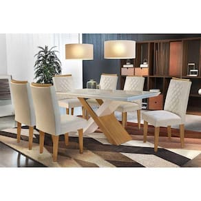 Conjunto: Mesa de Cozinha Imperatriz Tampo Madeirado c/ Vidro Canto Reto 180x90cm e 6 Cadeiras Jade Capuccino/Suede Creme - Rufato