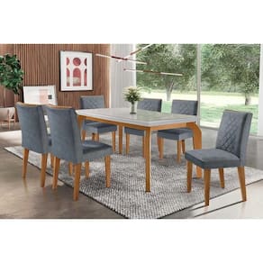 Conjunto: Mesa de Cozinha Londrina c/ Tampo Madeirado c/ Vidro Canto Curvo 180x90cm e 6 cadeiras Jade Imbuia/Off White - Linho Grafite - Rufato