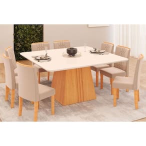Conjunto: Mesa Sala Jantar Itália Tampo Madeirado c/ Vidro Curvo 136x136cm e 8 Cadeiras Zoe Cedro/Off White - Suede Creme - DJ Móveis