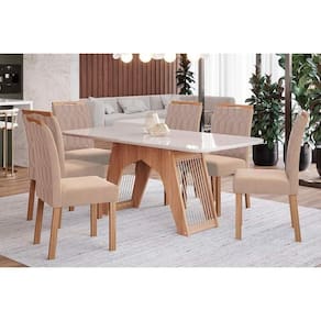 Conjunto: Mesa de Cozinha Carol Tampo Madeirado c/ Vidro 180x90cm e 6 Cadeiras Paola Savana/Nature-Suede Nude Bege - Cimol