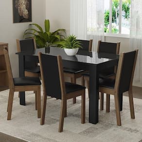 Conjunto Sala de Jantar Mesa Tampo de Vidro 6 Cadeiras Preto/Rustic Heloísa Madesa XV