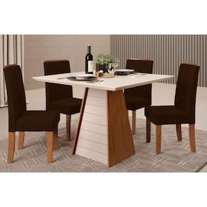 Conjunto: Mesa de Cozinha Fler Tampo Madeirado c/ Vidro 90x90cm e 4 Cadeiras Zoe Freijo/Off White - Suede Moca - DJ Móveis