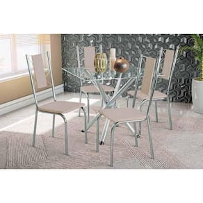 Conjunto: Mesa de Cozinha Volga c/ Tampo de Vidro 90cm e 4 Cadeiras Lisboa Cromada - Courano Bege - Kappesberg