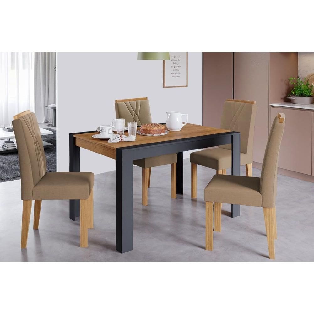 Conjunto: Mesa de Cozinha Grace Tampo Madeirado 130x90cm e 4 Cadeiras Nicole Nature/Suede Joli Chocolate - Cimol