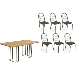 Conjunto: Mesa de Cozinha Duina c/ Tampo de Madeira 160cm e 6 Cadeiras Holanda Niquel/Freijo - Courano Marrom - Kappesberg