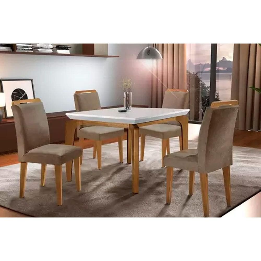 Conjunto: Mesa de Cozinha Londrina Tampo Madeirado c/ Vidro 120x80cm e 4 Cadeiras Athenas Imbuia/Suede Capuccino - Rufato