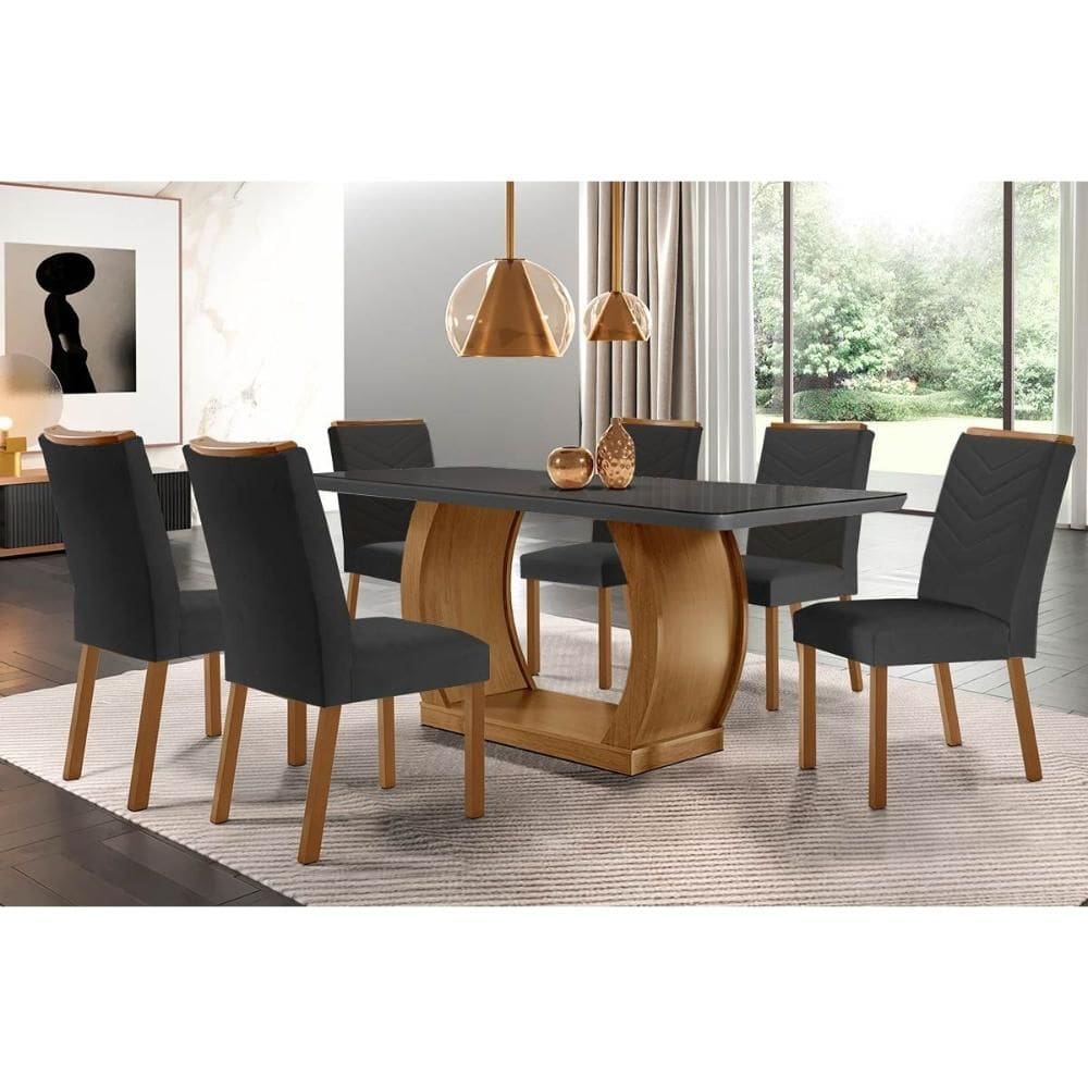 Conjunto: Mesa de Cozinha Jade Tampo Madeirado c/ Vidro Canto Curvo 180x90 e 6 Cadeiras Londrina Imbuia/Grafite - Linho Grafite - Rufato