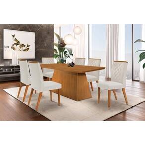 Conjunto: Mesa de Cozinha Luna c/ Tampo Madeirado Canto Curvo 180x90cm e 6 cadeiras Jade Imbuia-Capuccino/Suede Creme - Rufato