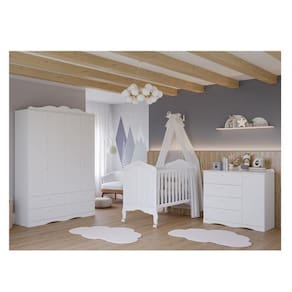 Quarto de Bebê 3 Peças com Berço e Cômoda 4 Gavetas e Guarda-roupa 4 Portas 4 Gavetas Aquarela Espre Branco