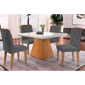 Conjunto: Mesa de Cozinha Luna c/ Tampo Madeirado c/ Vidro Canto Curvo 90x90cm e 4 cadeiras Amsterdã Imbuia/Off White - Linho Grafite - Rufato