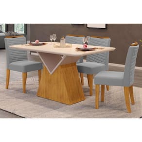 Conjunto: Mesa Sala Jantar Argo Tampo Madeirado c/ Vidro Curvo 136x90cm e 4 Cadeiras Julia Cedro/Off White - Suede Lunar - DJ Móveis
